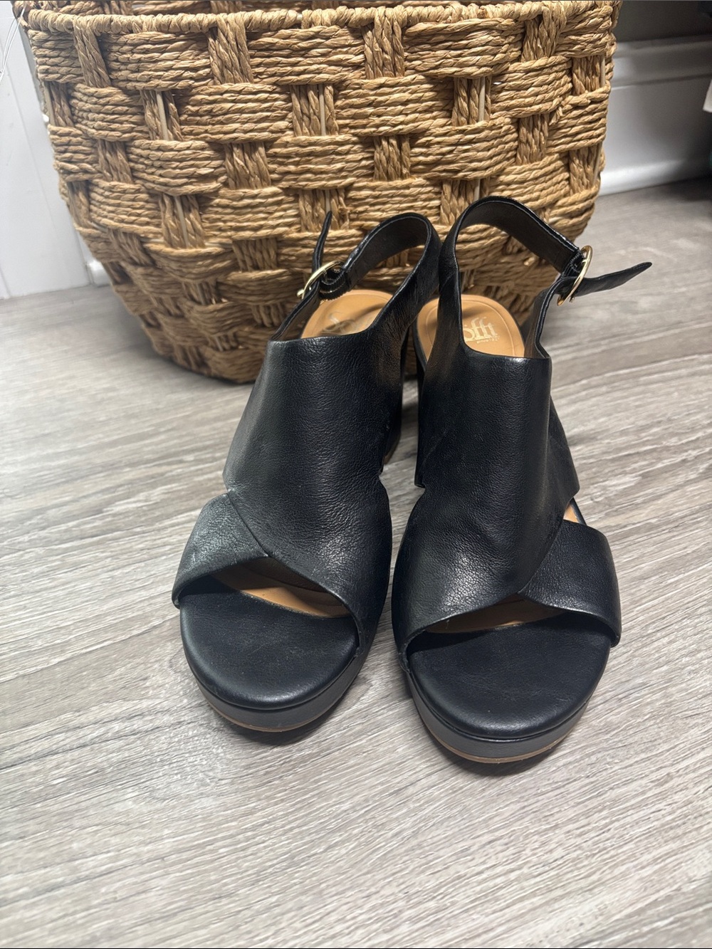 Sofft Black Leather Slingback Platform Heels
